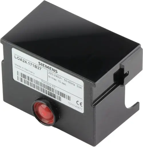 Schwarzer Elektronikbaustein von Bosch mit rotem Lichtindikator. Beschriftung mit technischen Daten und CE-Kennzeichnung auf der Vorderseite.